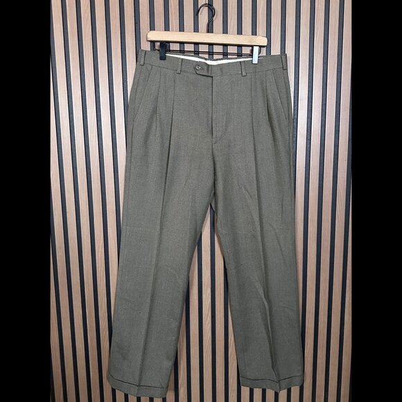 Vintage Burberrys Dress Pants 34 x 30 Mens Gray Herringbone 100% Wool Pleated - Picture 1 of 8